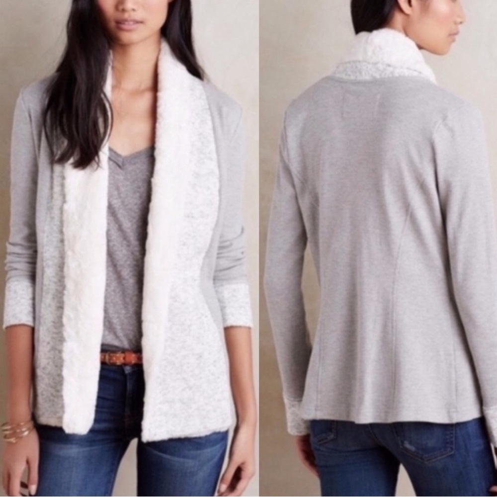 Anthropologie Saturday Sunday Faux Fur Open Cardigan Gray Neutral Size Small
